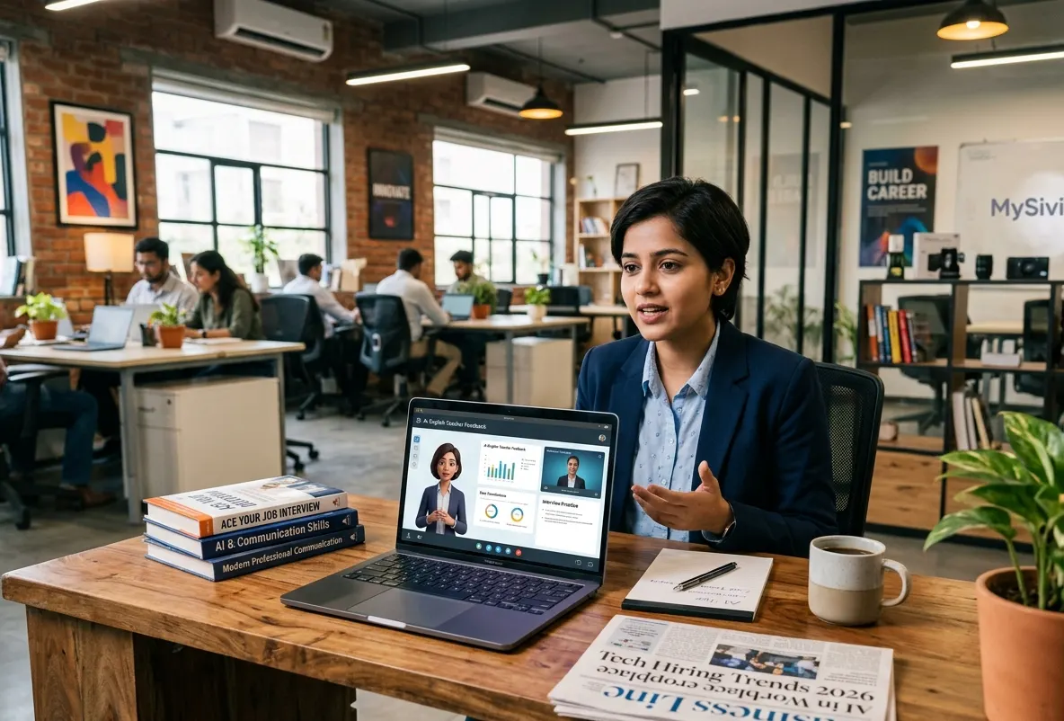 A professional woman in a modern IT office using the MySivi platform on her laptop for an AI-powered mock Job Interview to practice her English communication skills.