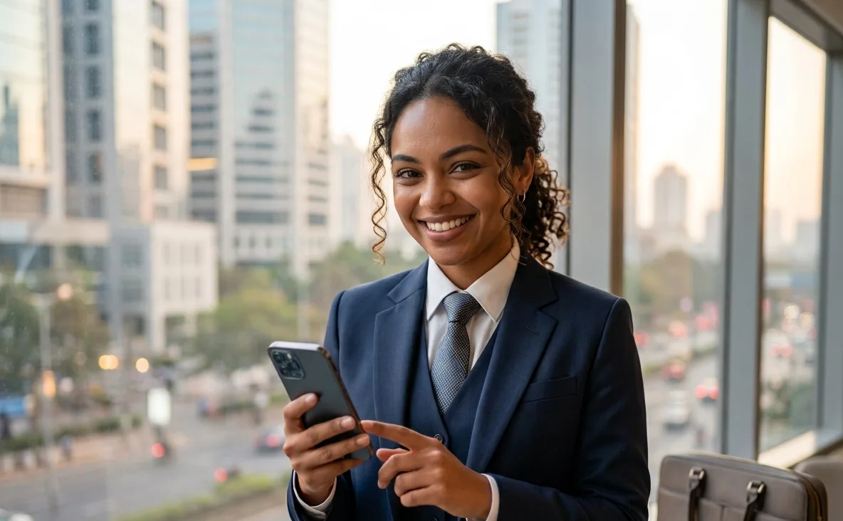 A sales executive using the best English speaking app for sales executives in 2026 to practice their pitch.