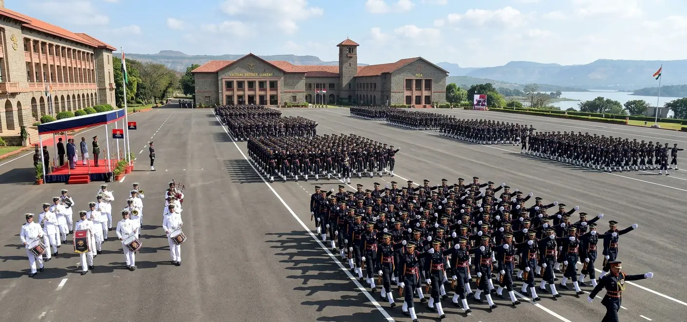 Indian Army-inspired NDA cadets marching during a grand parade for NDA English Preparation 2026, representing discipline, leadership, and MySivi AI-powered learning.