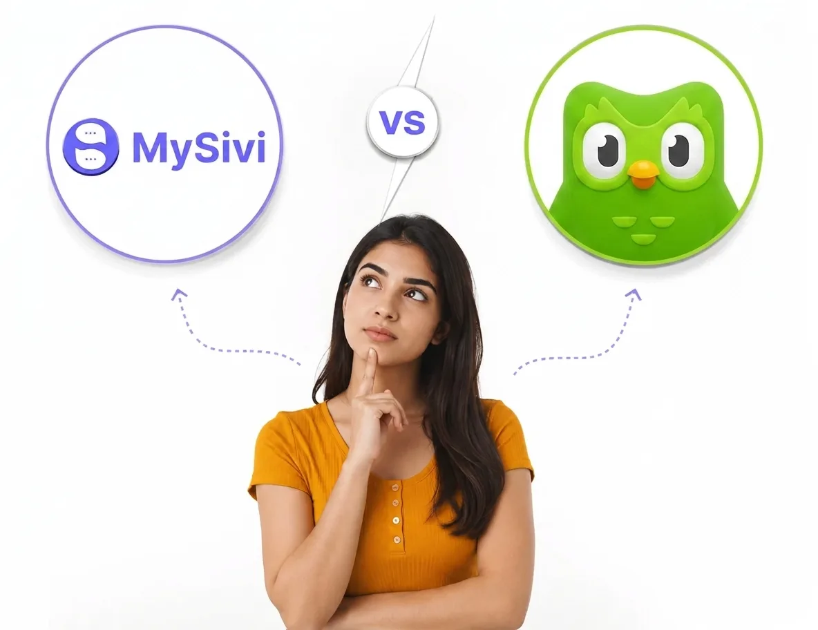 MySivi vs Duolingo app interfaces compared for English-speaking practice in 2026.
