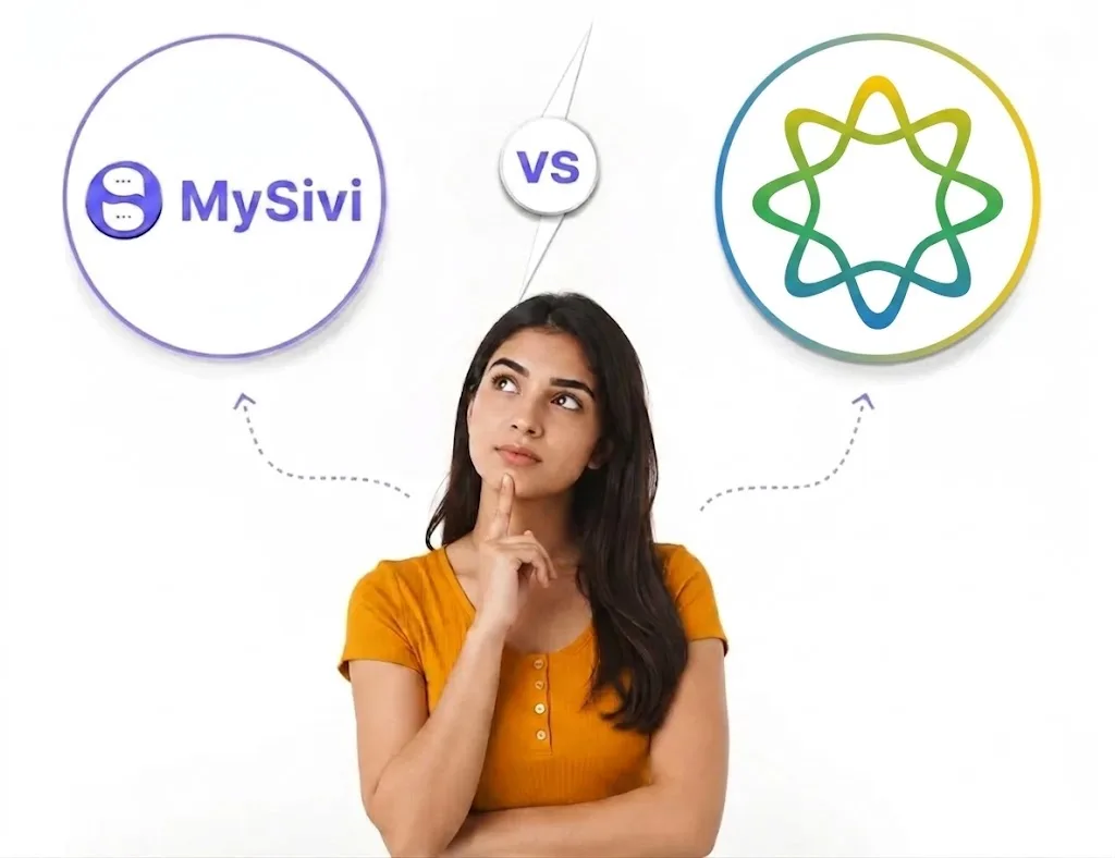 A thoughtful young woman evaluating two paths to English fluency: the MySivi AI speech tutor with its purple logo, and the ELSA Speak app with its multi-color gradient loop logo, as she considers MySivi vs. the ELSA Speak app.