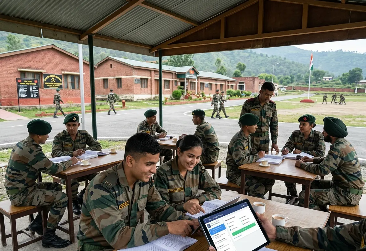 Indian Army cadets inside a cantonment studying with books and a digital tablet for NDA English Preparation 2026 using the MySivi AI app to crack GAT.