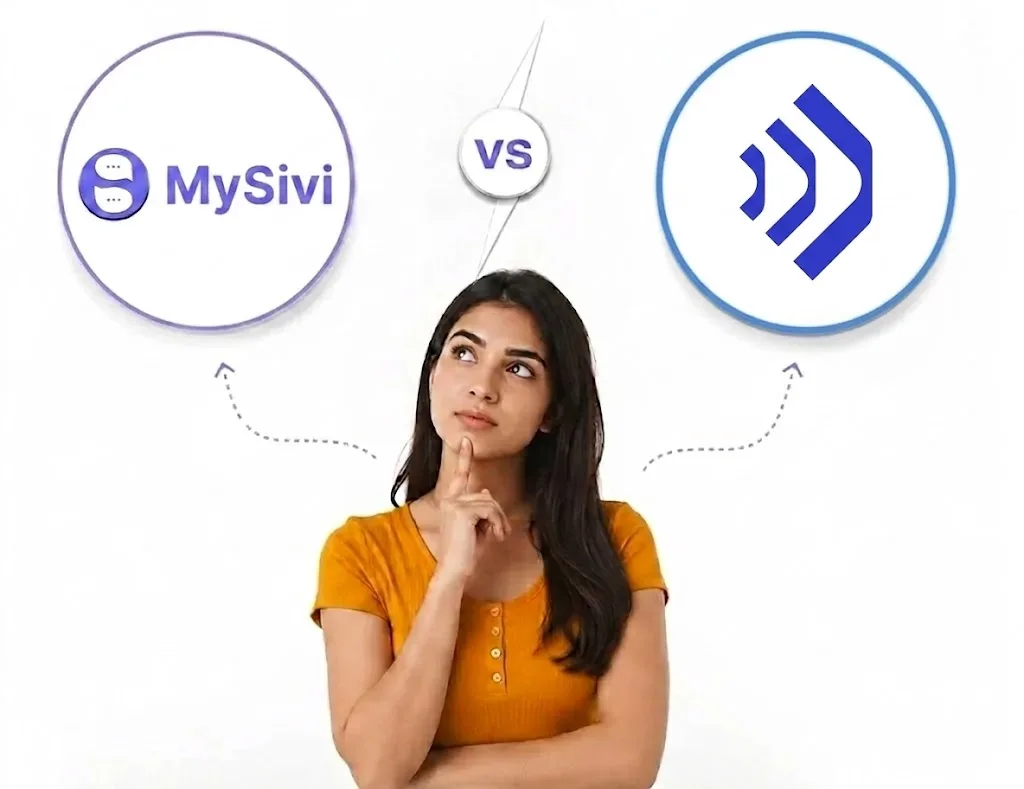 A thoughtful woman evaluating MySivi vs TalkPal app for English learning. The MySivi AI tutor logo is on the left, and the TalkPal logo is on the right, on a clean white background.