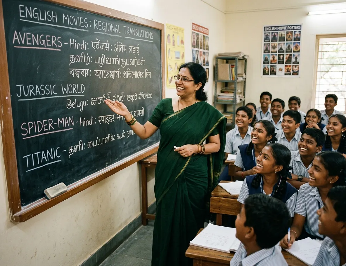 An Indian classroom scene with a teacher demonstrating an English Movie with Funny Indian Regional Translations for MySivi learners.