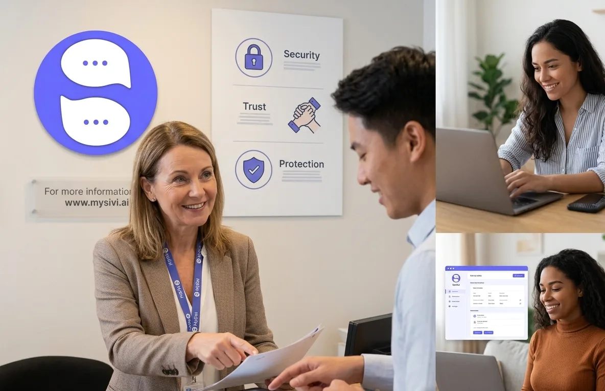 A MySivi guide to app safety showing a professional confirming privacy and users safely enjoying services, asking "MySivi App Safe or Not?"