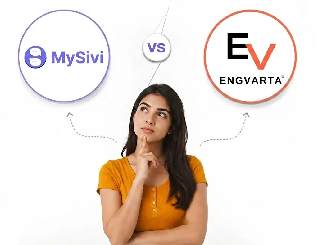 A thoughtful woman evaluating the MySivi vs EngVarta app for English learning. The MySivi AI tutor logo is on the left, and the EngVarta live tutor logo is on the right, on a clean white background.