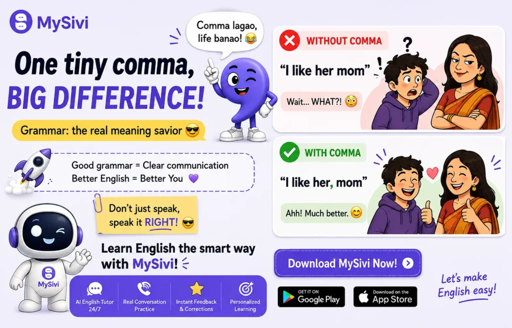 A fun educational infographic about comma usage from the MySivi app, showcasing the creative projects our team works on during Life at MySivi.