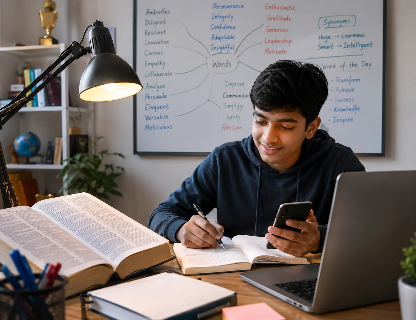 Students in a classroom using dictionaries, a word-filled whiteboard, and tablets displaying top word-learning tools.