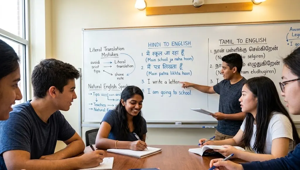 Group of diverse students in a classroom around a table, working on notes with a language lesson on a whiteboard behind them.