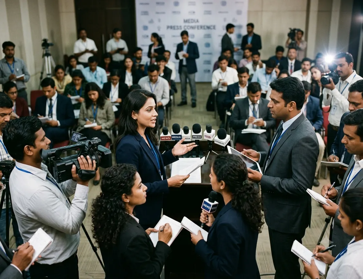 PR & Media spokesperson speaking at an Indian press conference, guided by MySivi English training.
