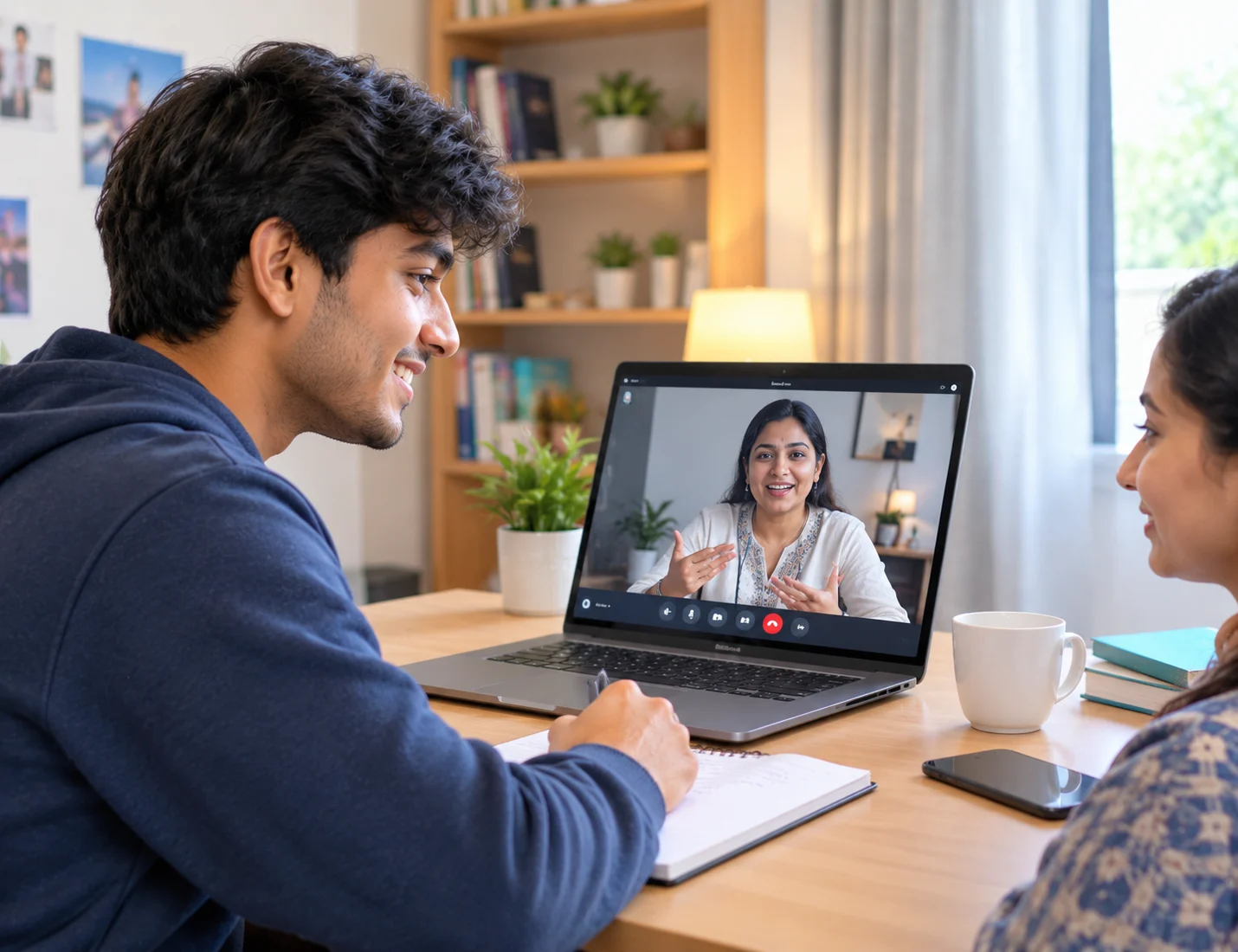 MySivi, the best AI English-speaking app in India, helps a young man and an Indian woman improve English speaking skills through an online session.