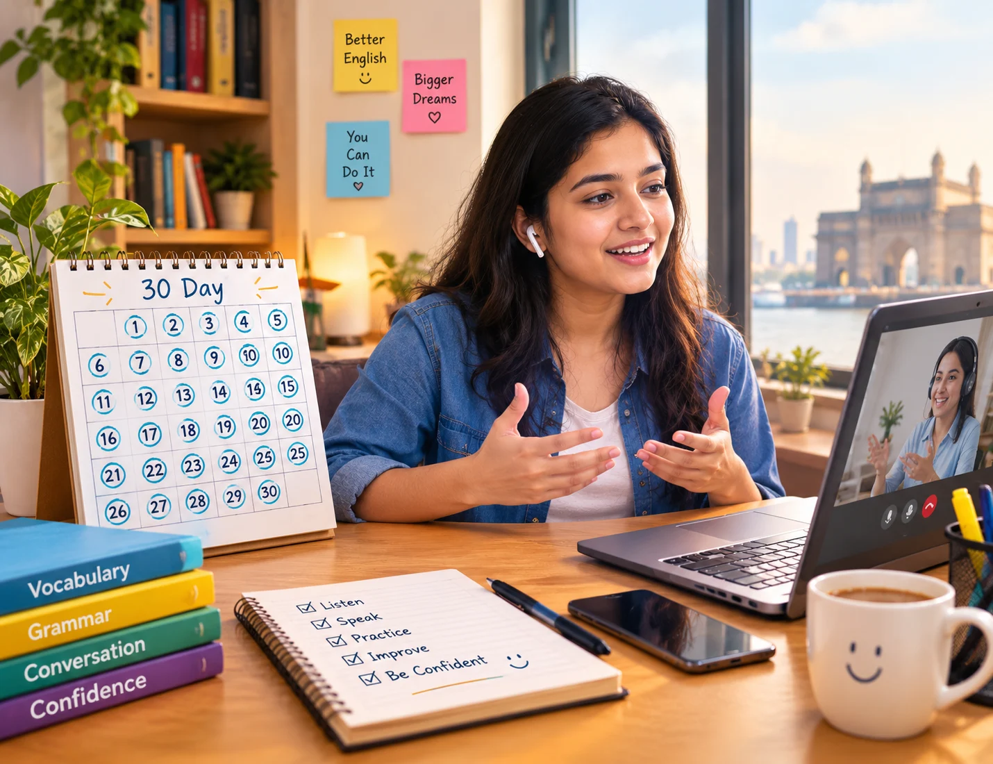 30-Day English Speaking Roadmap by MySivi shows a learner practicing English with a 30-day calendar and AI conversation practice.
