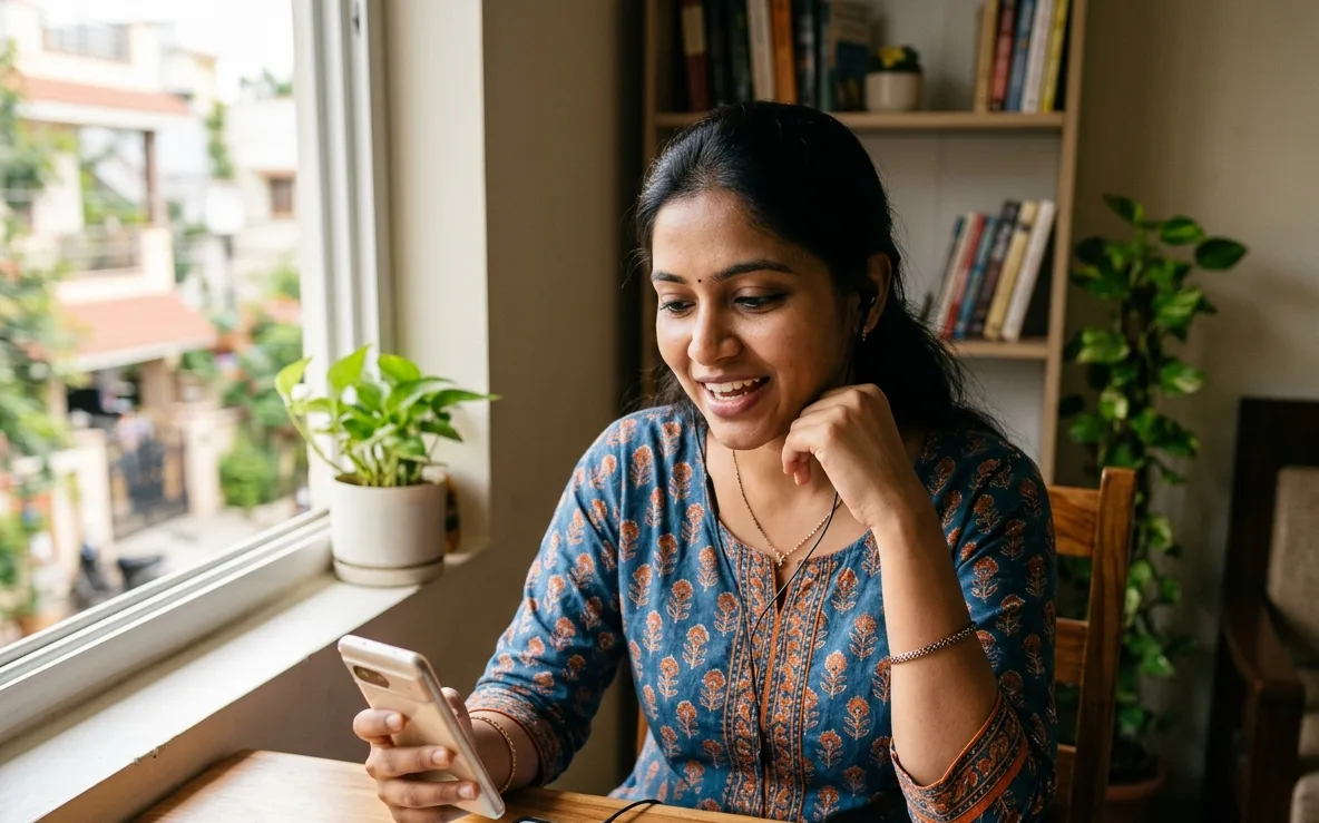 Woman sitting by a sunlit window, smiling while looking at her smartphone at a wooden table with plants nearby.