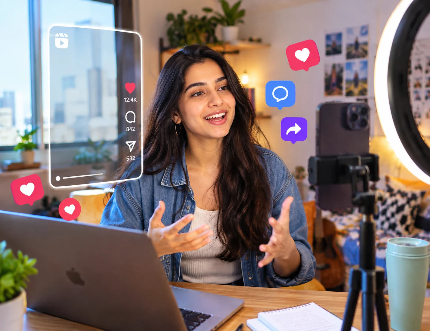 Instagram Influencers improving English speaking skills while creating engaging Instagram Reels with a camera, ring light, and social reactions.
