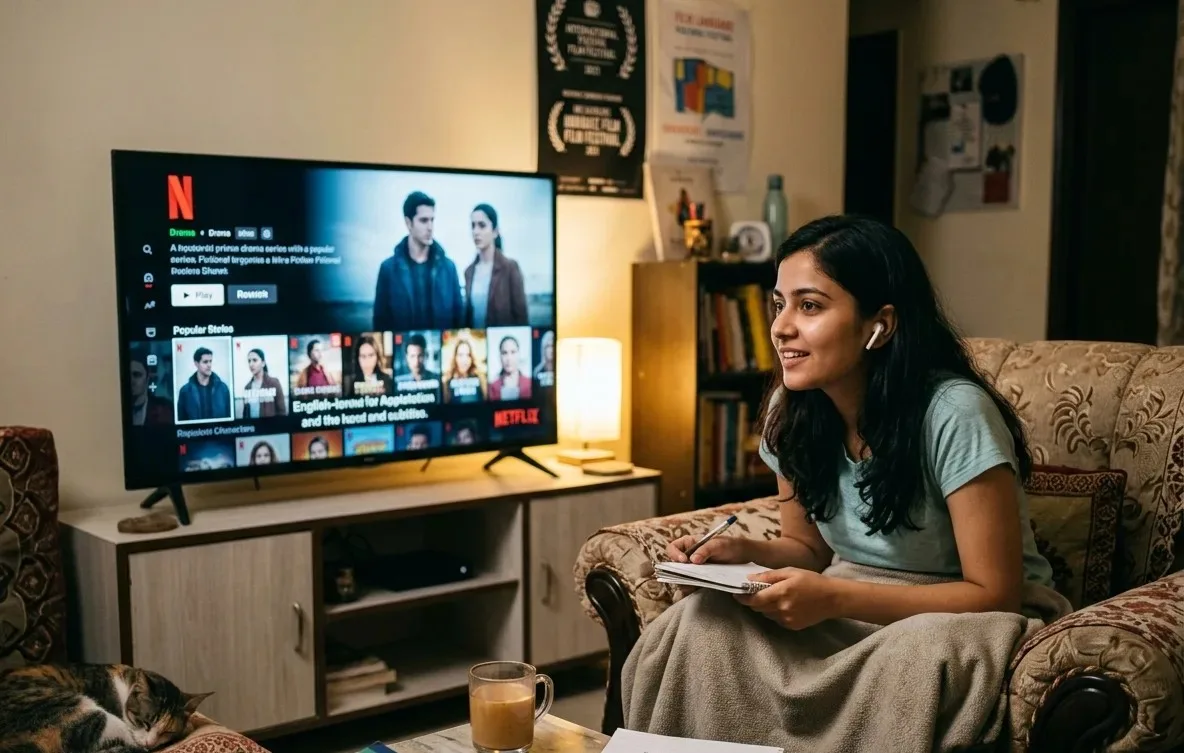 Learn English with Netflix and improve vocabulary and fluency with these 10 hacks. A woman takes notes while watching a show with English subtitles.