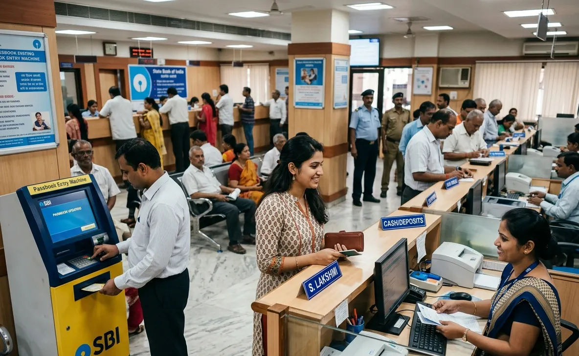 Learn the English You Need at the Bank with MySivi: Customer talking with cashier at an Indian bank with a passbook entry machine.