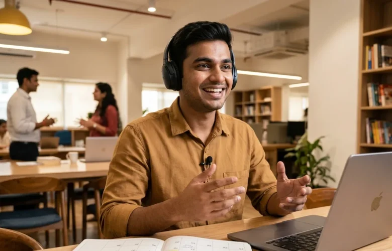 Indian professional practicing daily tips with MySivi on the 30-Day English Speaking Roadmap for confident workplace communication.