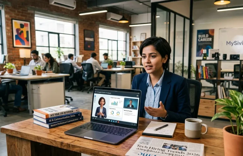 A professional woman in a modern IT office using the MySivi platform on her laptop for an AI-powered mock Job Interview to practice her English communication skills.