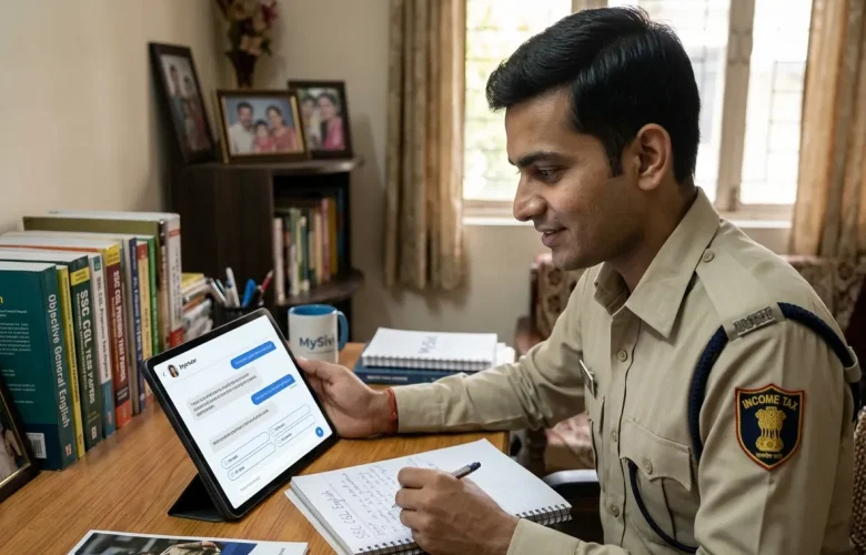 An SSC CGL aspirant studying with MySivi app, wearing an Income Tax Inspector uniform, dreaming of his future