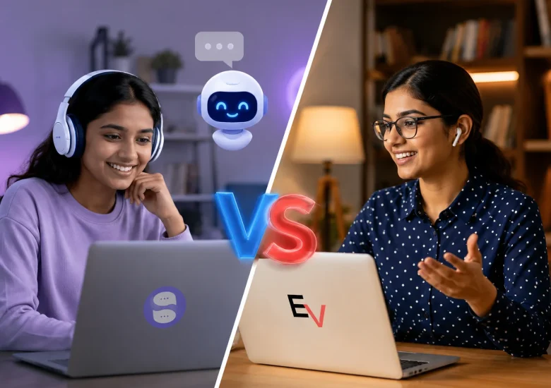 MySivi vs EngVarta app comparison showing AI-powered English speaking practice versus live tutor-based learning in a realistic split-screen with MySivi branding.