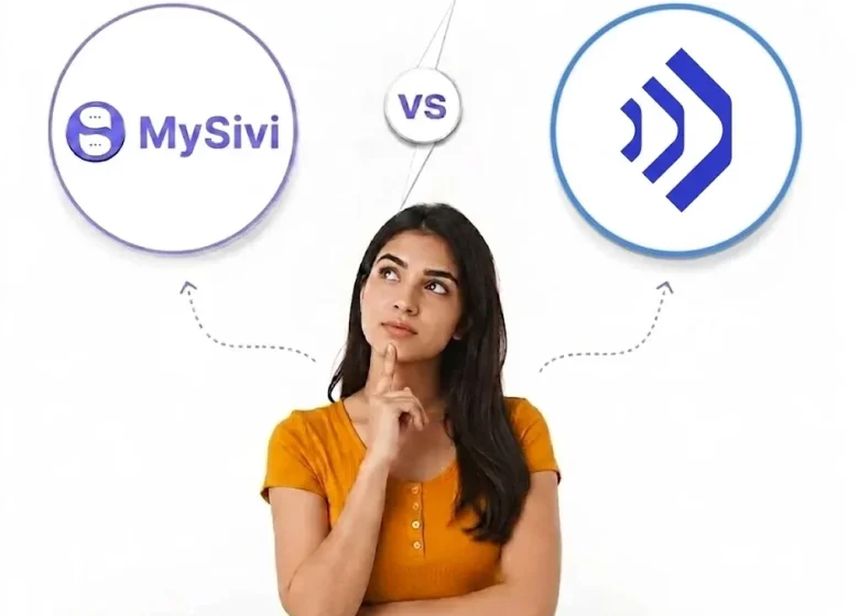A thoughtful woman evaluating MySivi vs TalkPal app for English learning. The MySivi AI tutor logo is on the left, and the TalkPal logo is on the right, on a clean white background.