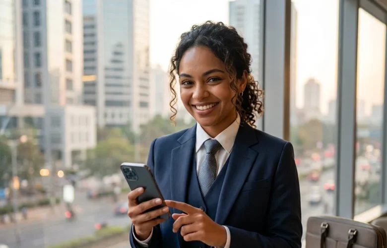 A sales executive using the best English speaking app for sales executives in 2026 to practice their pitch.
