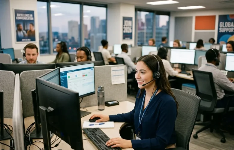 Professional woman wearing a headset in a US process call center, using the best English-speaking app for live AI mock interview practice and communication training.