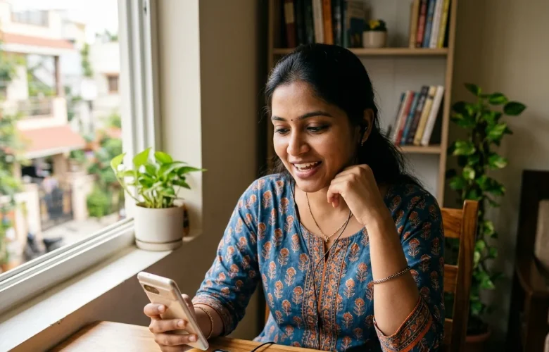 Woman sitting by a sunlit window, smiling while looking at her smartphone at a wooden table with plants nearby.