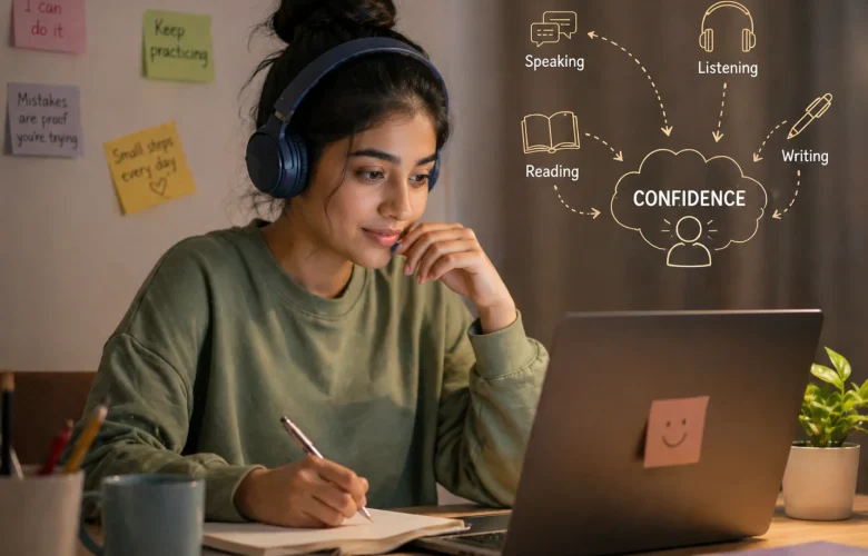 Introvert practicing English speaking using AI app at home in a calm study setup. Young learner building confidence through daily English practice and self-learning routine.