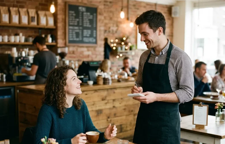 A smiling customer practicing English small talk with a helpful waiter while ordering coffee in a cozy restaurant.