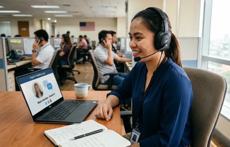 Call center job aspirant using the best English-speaking app to practice English conversations on a laptop while taking notes and wearing a headset.