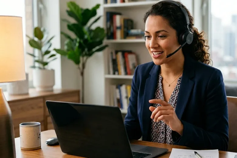 Confident female professional using a headset and laptop during a remote business meeting in a modern home office.