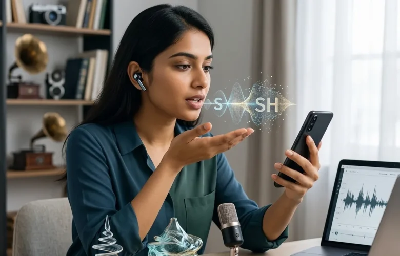 A professional woman using a smartphone and vocal visualization tools to master the distinct pronunciation of "S" vs "SH" sounds for clear English.