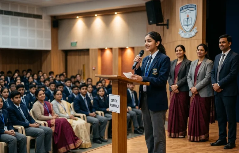 Student overcoming stage fright and speaking confidently in English at a school assembly, showcasing leadership and public speaking skills.