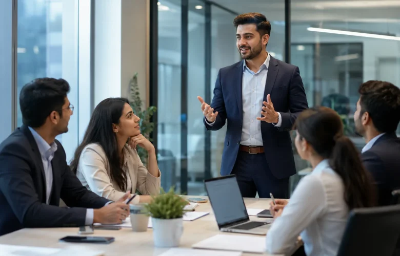 A young businessman demonstrating strong business English communication skills while presenting to a diverse team during a corporate meeting.