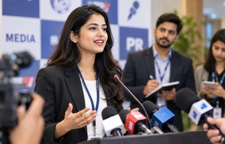 Young Indian professional speaking at a press conference, building PR & Media English skills with MySivi.