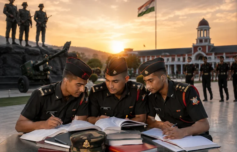 NDA English Preparation 2026 aspirants studying at a military academy with Indian Army-inspired cadets, showcasing disciplined learning and AI-powered preparation with MySivi.