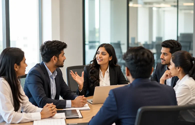 A group of young South Asian professionals in formal business suits participating in a corporate group discussion in a modern conference room.