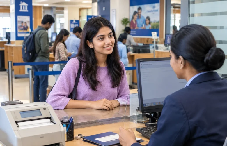 English You Need at the Bank with MySivi: A woman confidently speaking to a bank cashier while customers use banking services and a passbook entry machine.