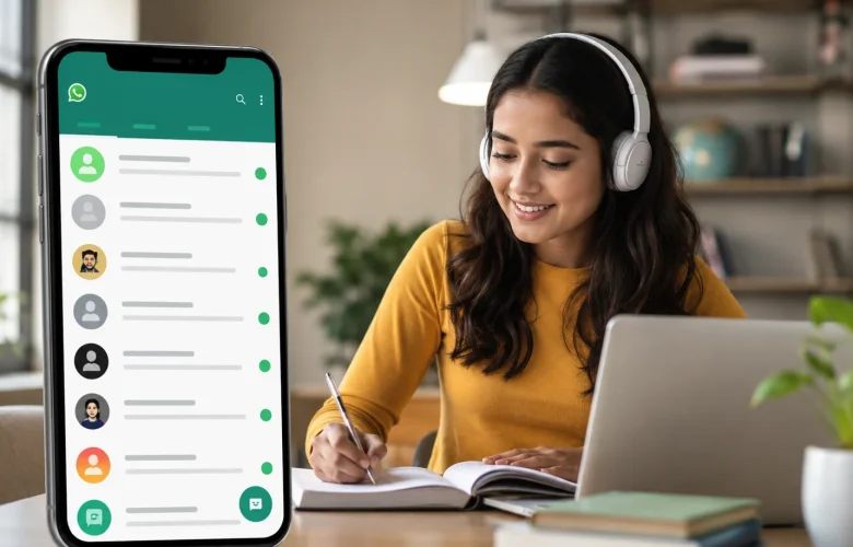 Young woman learning English online with a WhatsApp-style channel on a smartphone, studying vocabulary and speaking skills from home.