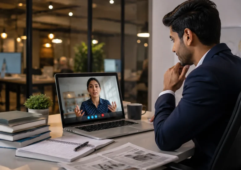 Candidate practicing for a Job Interview with MySivi AI English Teacher in a modern professional office setting.