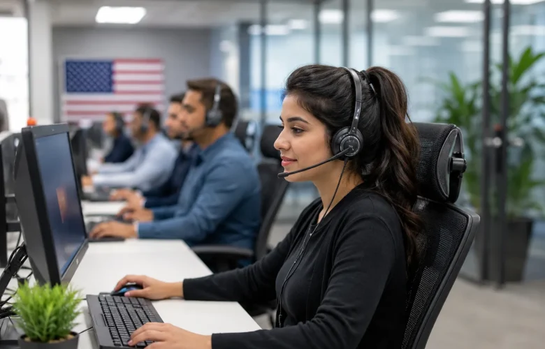 Professional customer support executive wearing a headset, using the best English-speaking app to practice English communication for US call center jobs.