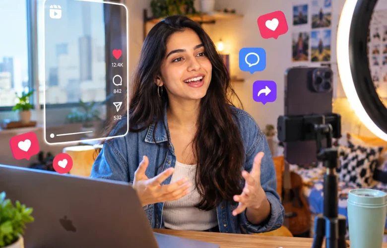 Instagram Influencers improving English speaking skills while creating engaging Instagram Reels with a camera, ring light, and social reactions.