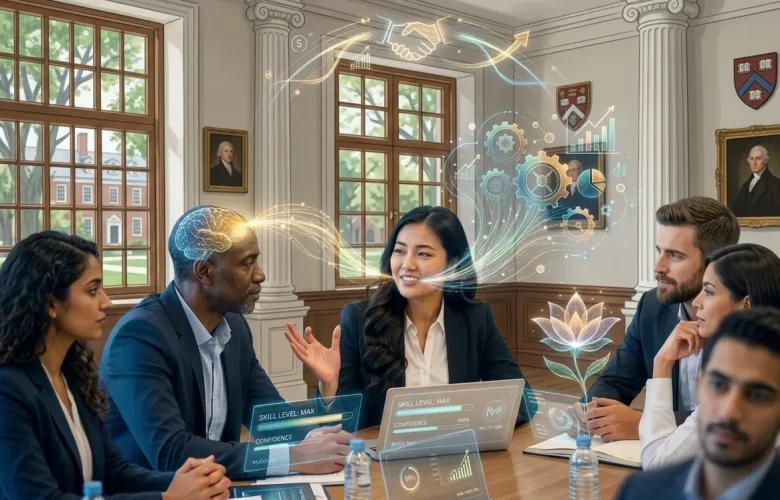 A diverse group of office colleagues in formal suits participating in a competitive group discussion inside a classic, white-columned college conference hall. Glowing, abstract data graphics connect the speakers to visualize high-level communication skills, confidence building, and placement interview preparation.