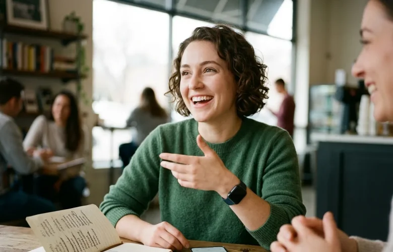 A woman practicing fluent conversation in a cafe, tracking her English Progress with MySivi beyond just learning vocabulary words