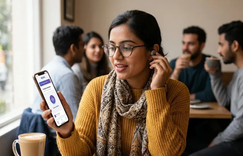 An introvert practicing English speaking using a mobile app in a café setting. Young woman building confidence with real-life English conversation practice.