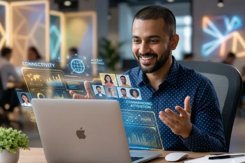 Holographic workspace with global connectivity metrics and video call profiles, as a grinning professional presents from his MacBook. "Commanding Attention" with interactive data visualizations in a futuristic open-office environment.