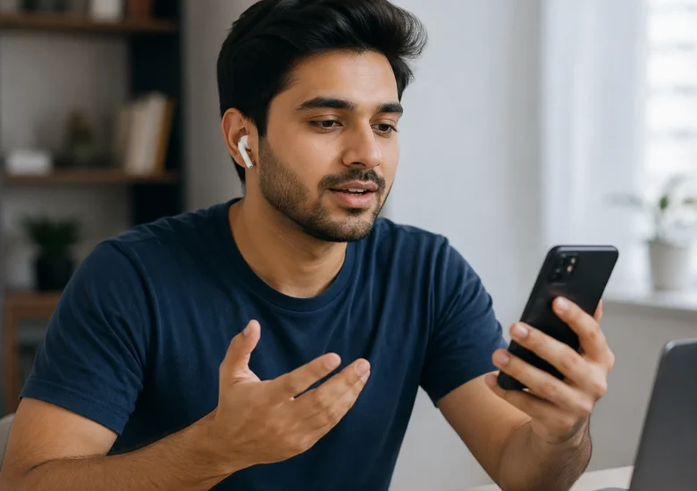 A focused man recording speech on a mobile phone to fix whistling "S" sounds and improve verbal clarity for confident English.