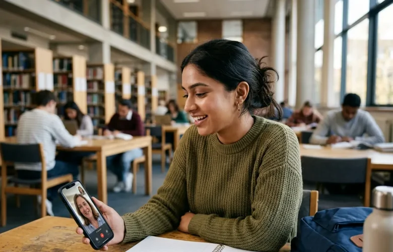 A smiling student in a modern university library practicing English speaking via a 1-on-1 video call on her mobile phone with a professional AI English tutor.