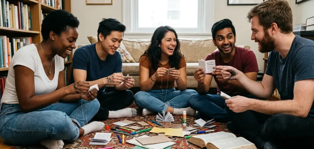 Five friends are sitting on a rug, laughing and creating handmade vocabulary booklets to learn funny English words.